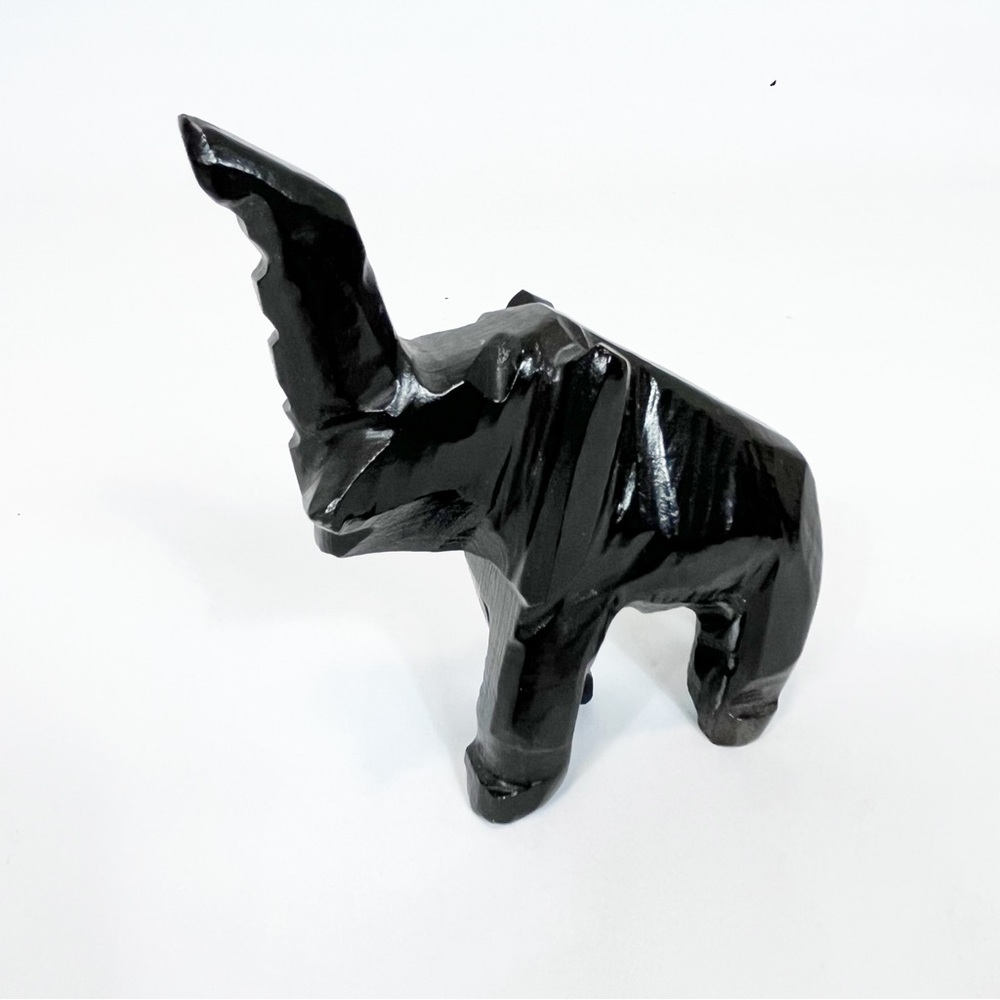 Hand Carved Black Polished Stone Elephant Trunk Up 4.5” Tall